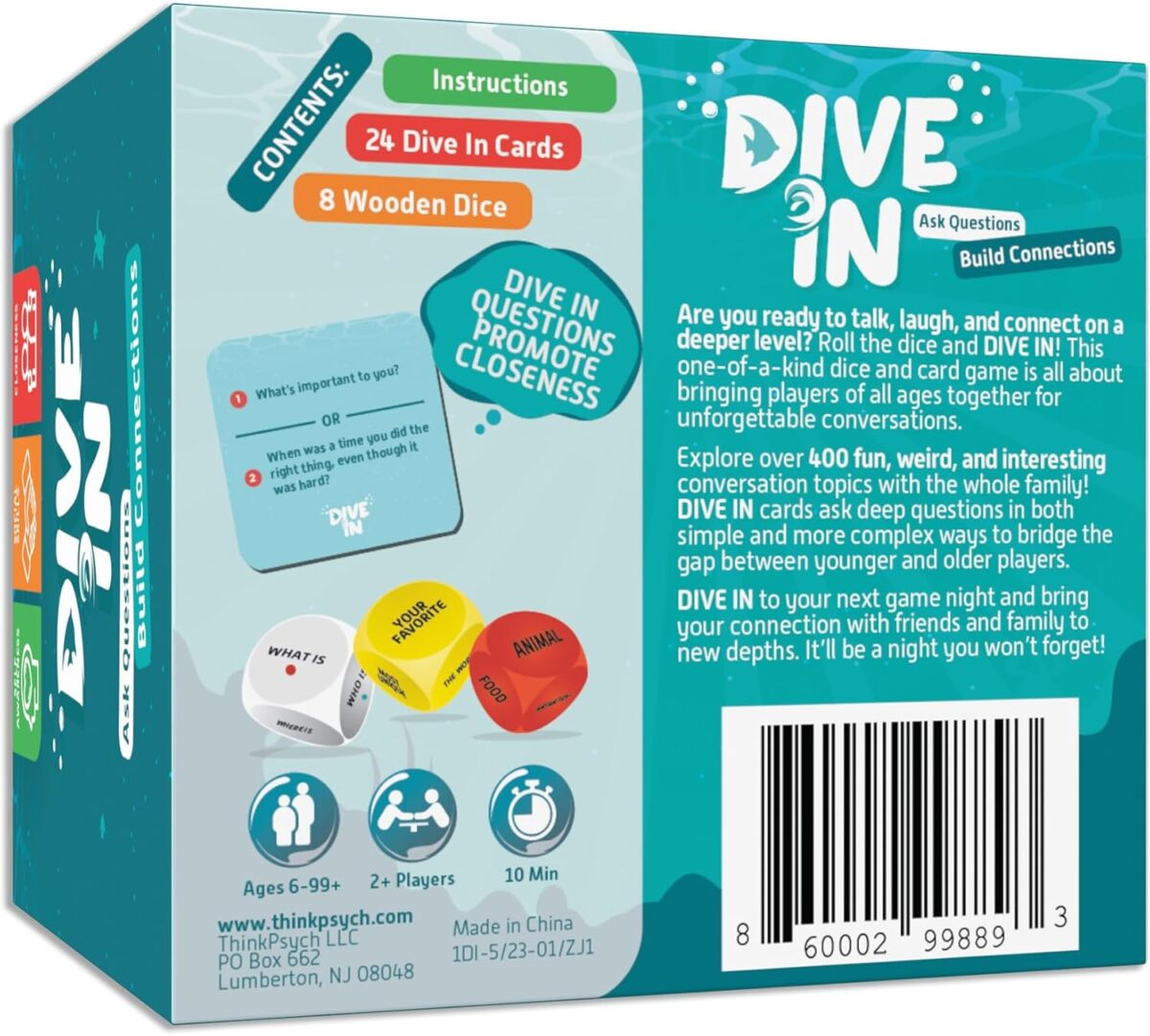 ThinkPsych Dive in - SEL Conversation Dice Game with 400+ Topics | Therapy Games for Kids & Teens | Social Emotional Learning for Home & School | Play Therapy & Counseling Toys | Ages 6-99 - Image 2