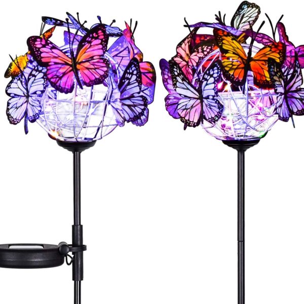 Outdoor Solar Garden Lights - 2 Pack Solar Powered Garden Stake Lights with 18 Butterflies and Copper String Lights, Multicolor
