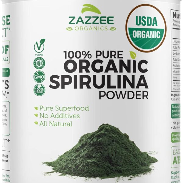 Zazzee Organic Spirulina Powder, 2.2 Pounds (1 KG), USDA Certified, 303 Servings, 100% Pure, Non-Irradiated, Mess-Free Wide Mouth Container, Fresh Smell and Neutral Taste, Vegan, Non-GMO, Gluten-Free