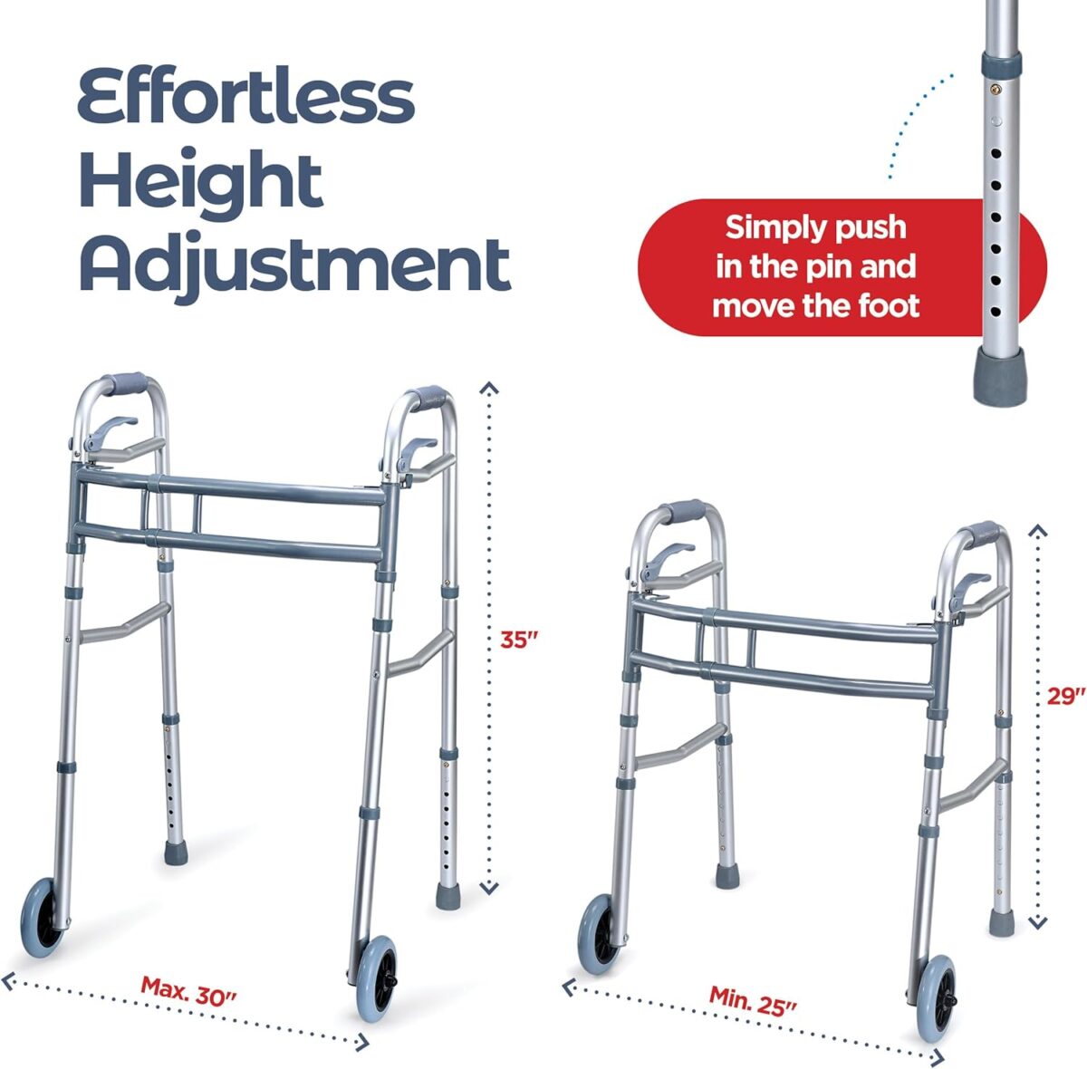 Medical king Walkers for Seniors Aluminum Lightweight Walker with Wheels, Adjustable Width and Height, Folding Walker for Elderly, Handicapped, Disabled 2 Wheels in Front - Image 2