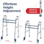 Medical king Walkers for Seniors Aluminum Lightweight Walker with Wheels, Adjustable Width and Height, Folding Walker for Elderly, Handicapped, Disabled 2 Wheels in Front - Image 2