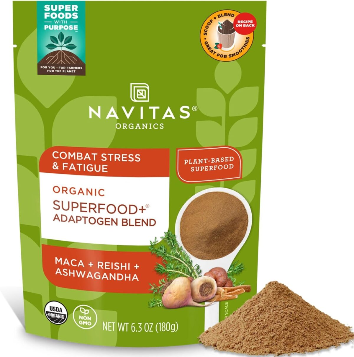 Navitas Organics Superfood+ Adaptogen Blend for Stress Support (Maca + Reishi + Ashwagandha), 6.3oz Bag, 30 Servings — Organic, Non-GMO, Vegan, Gluten-Free, Keto & Paleo. - Image 1