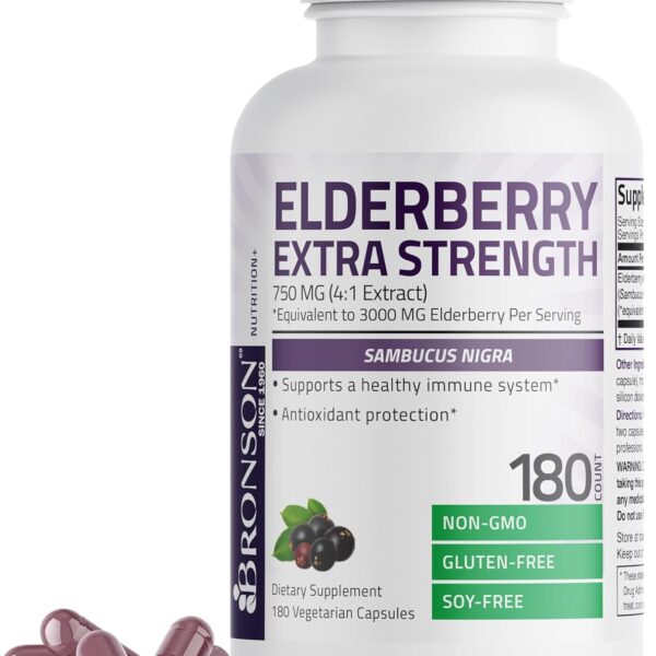 Bronson Elderberry Extra Strength, Supports Healthy Immune System & Antioxidant Protection, Non GMO, 180 Vegetarian Capsules