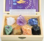 Crystals and Healing Stones in Wooden Gift Box+ Velvet Pouch +Info Guide, 1 pcs Amethyst Cluster,8pcs Raw Healing Chakra Stones for Yoga, Meditation,