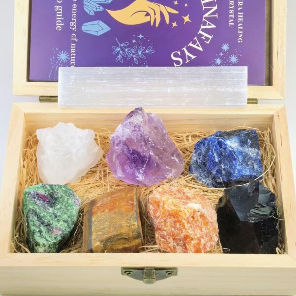 Crystals and Healing Stones in Wooden Gift Box+ Velvet Pouch +Info Guide, 1 pcs Amethyst Cluster,8pcs Raw Healing Chakra Stones for Yoga, Meditation,