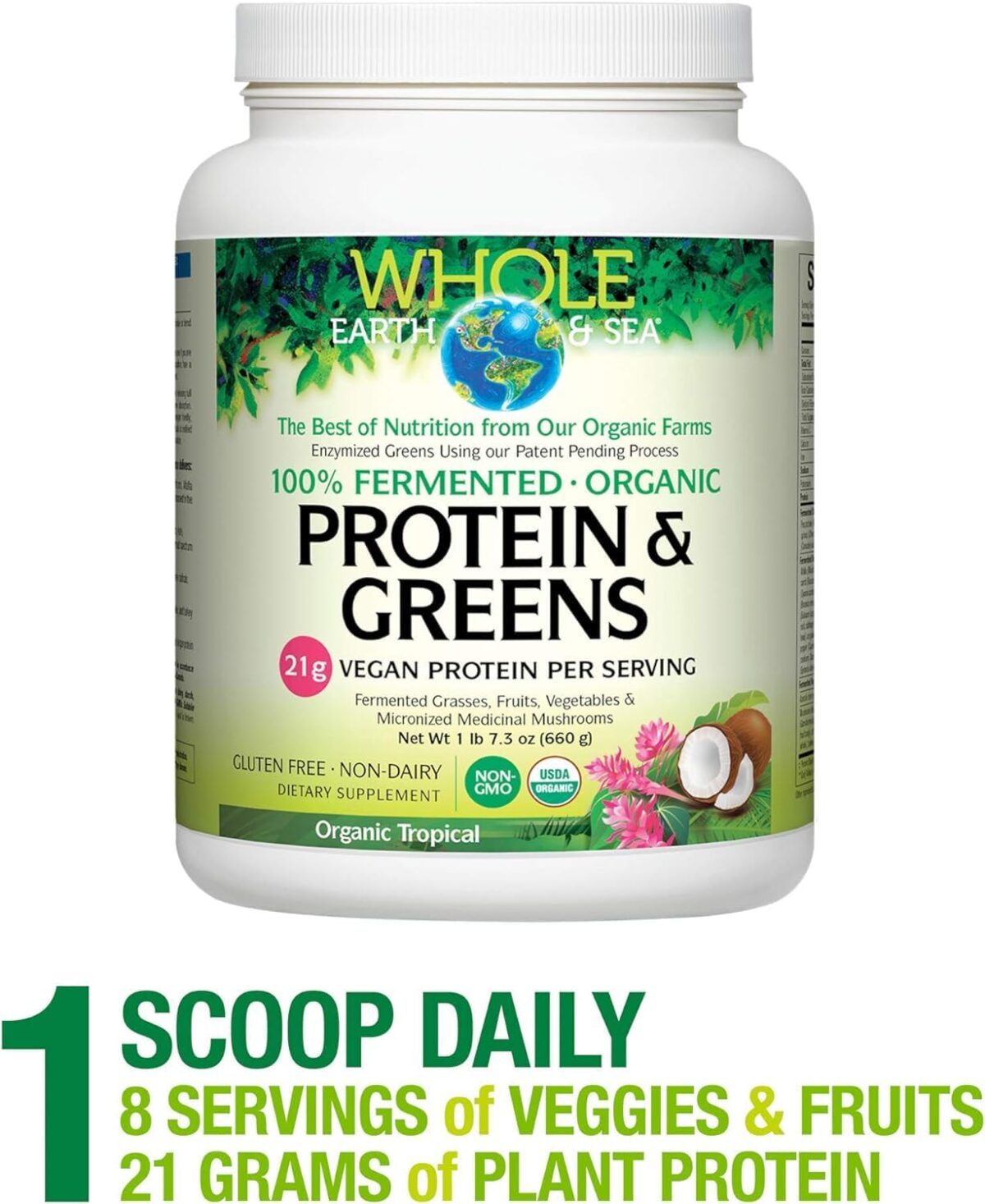Whole Earth & Sea from Natural Factors, Organic Fermented Protein & Greens, Vegan Whole Food Supplement, Tropical, 1lb 7.3 Oz - Image 3