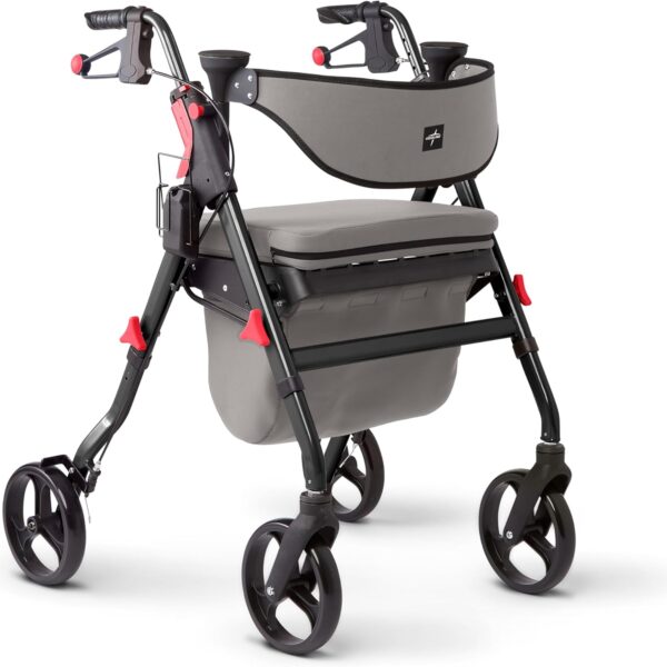 Medline Premium Empower Rollator Walker with Memory Foam Seat, Gray & Black, 300 lb. Weight Capacity, 8” Wheels, Microban* Technology, Cupholder, Rolling Walker for Mobility Impairment