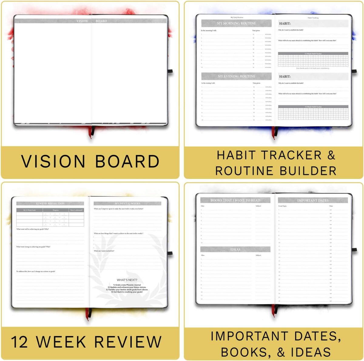 The Phoenix Journal - Best Daily Goal Planner, Organizer, & Calendar for Goal Setting, Gratitude, Happiness, & Productivity - Vision Board & Habit Tracking - 12 Weeks, Undated, Hardcover - Black - Image 8
