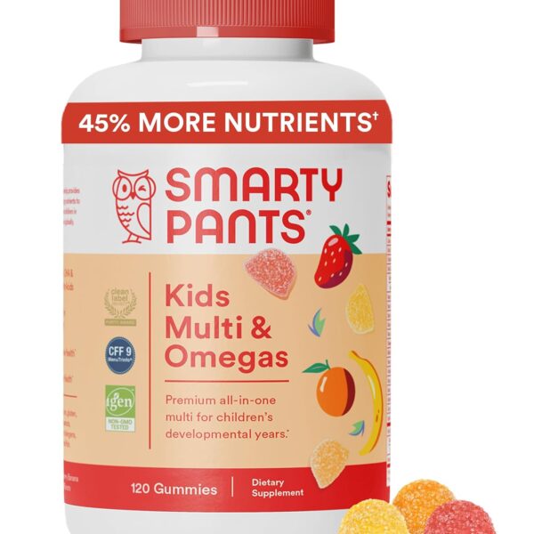 SmartyPants Kids Multivitamin Gummies: Omega 3 Fish Oil (EPA/DHA), Vitamin D3, C, Vitamin B12, B6, A, K & Zinc for Immune Support, Biotin, Gluten Free, Three Fruit Flavors, 120 Count (30 Day Supply)