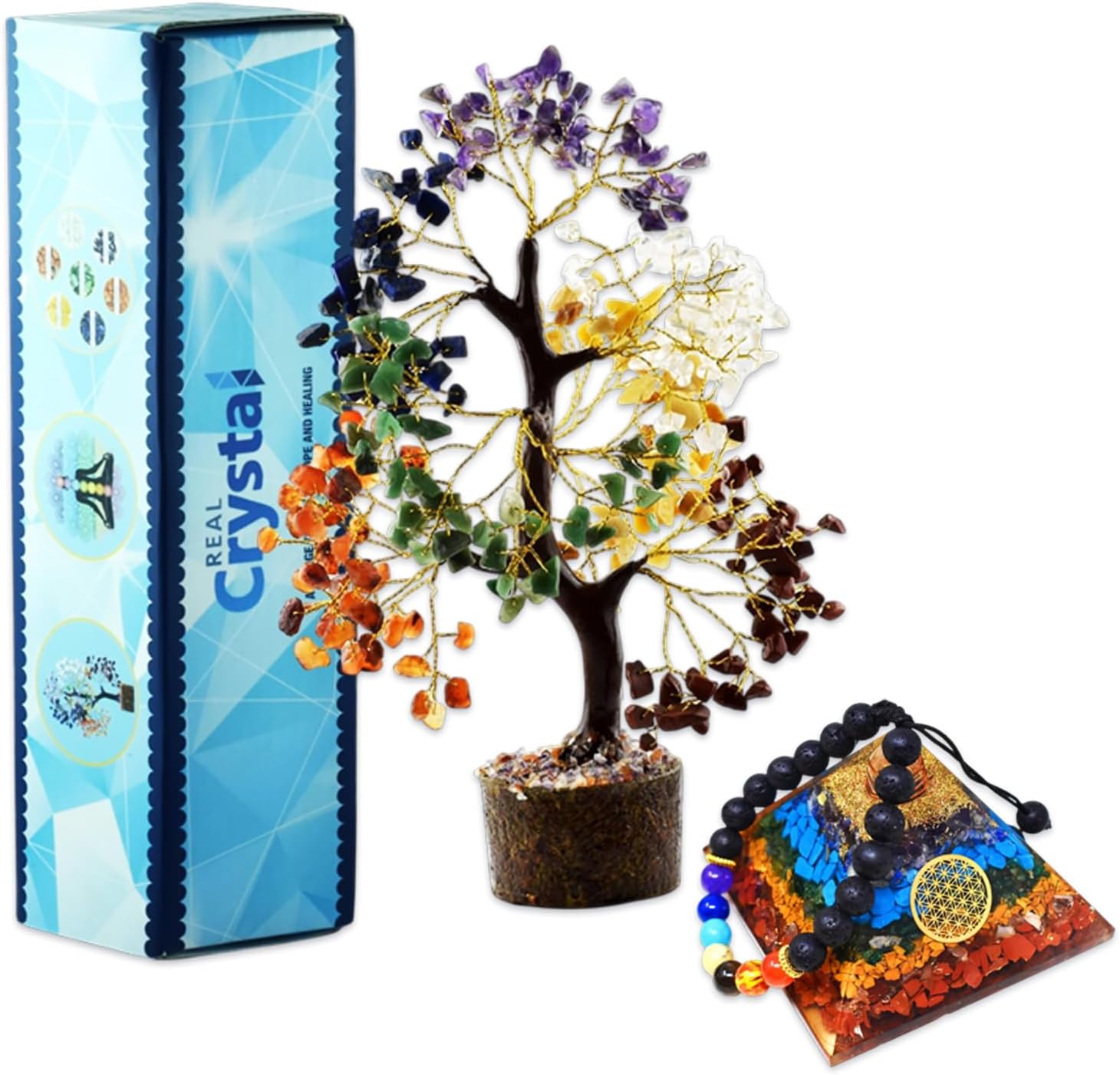 71OrZkAE9vL._AC_SL1500_.jpg Seven Chakra Healing Crystal Tree with Seven Chakra Pyramid Bracelet & Seven Chakra Bracelet Gemstones Money Bonsai Tree Decor for Spiritual Good Luck Gift, Birthday Gift for Women, Men, Home, Office - Image 1