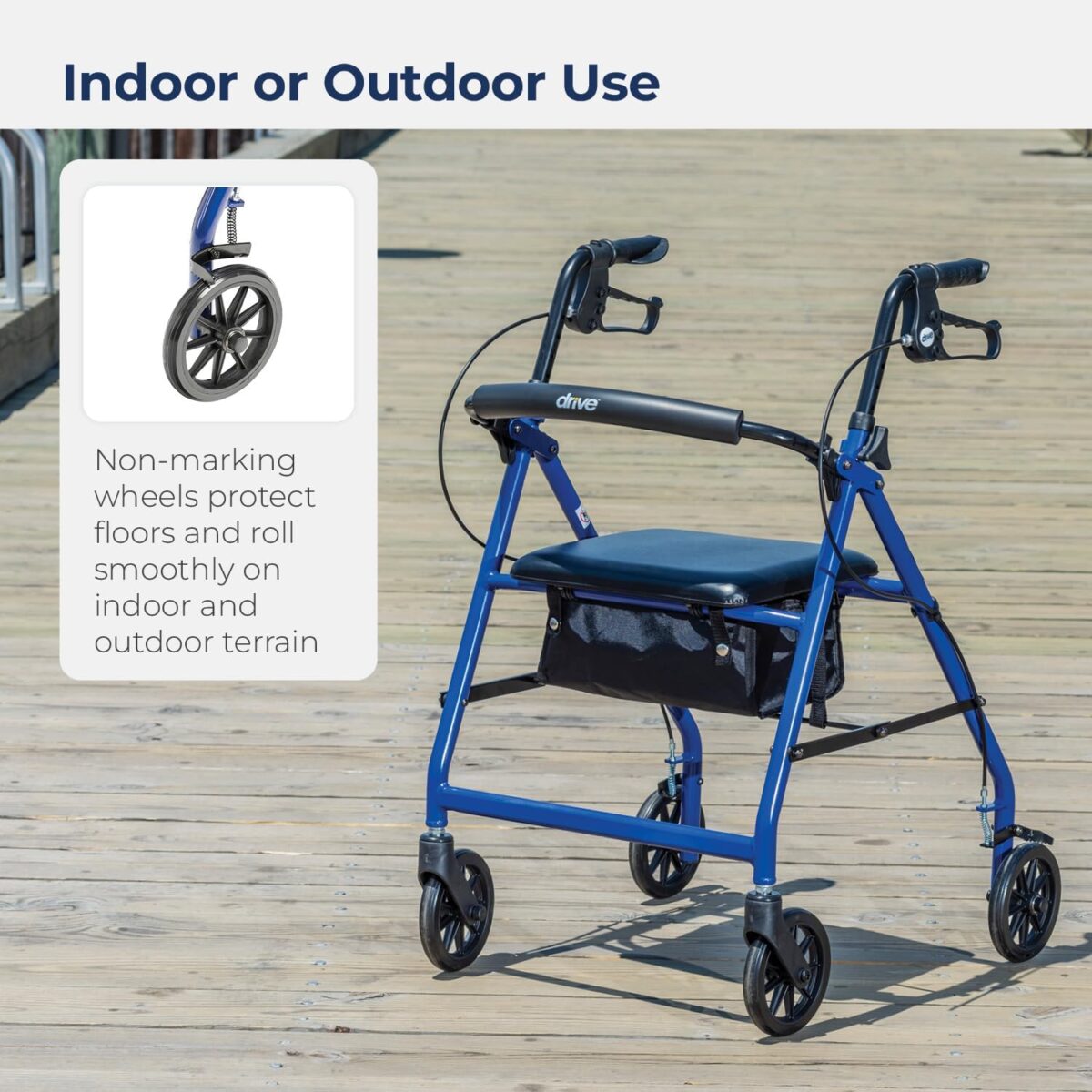 Drive Medical Aluminum Rollator Walker Fold Up and Removable Back Support, Padded Seat, 6" Wheels, Blue,R726BL - Image 4