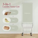 Tajsoon Laundry Cart with Hanging Rack, Metal Rolling Laundry Cart with Wheels and Storage Basket, Silver - Image 3