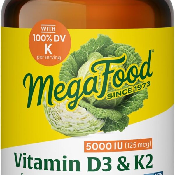 MegaFood Vitamin D3 5000 IU (125 mcg) - Vegetarian Supplements with Vitamin D3 K2 - Supports Bones, Teeth, Muscles & Immune Health - Certified Non-GMO - 120 Mini Capsules, 120 Servings