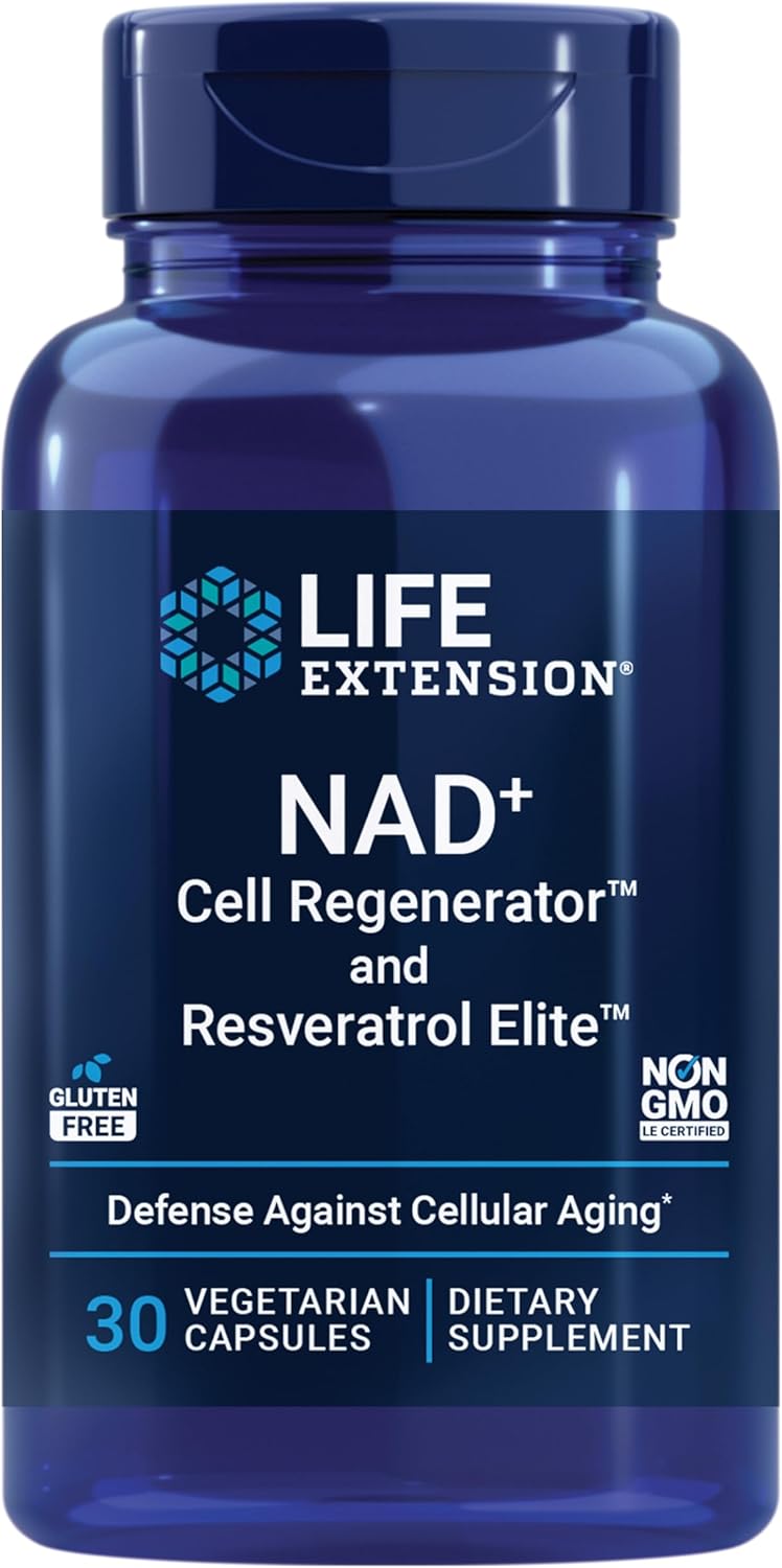 71QCz7yUjwL._AC_SL1500_.jpg Life Extension NAD+ Cell Regenerator and Resveratrol Elite, NIAGEN nicotinamide riboside, Trans-resveratrol, quercetin, Fisetin, for Longevity, Energy, and oxidative Stress, 30 Vegetarian Capsule - Image 1