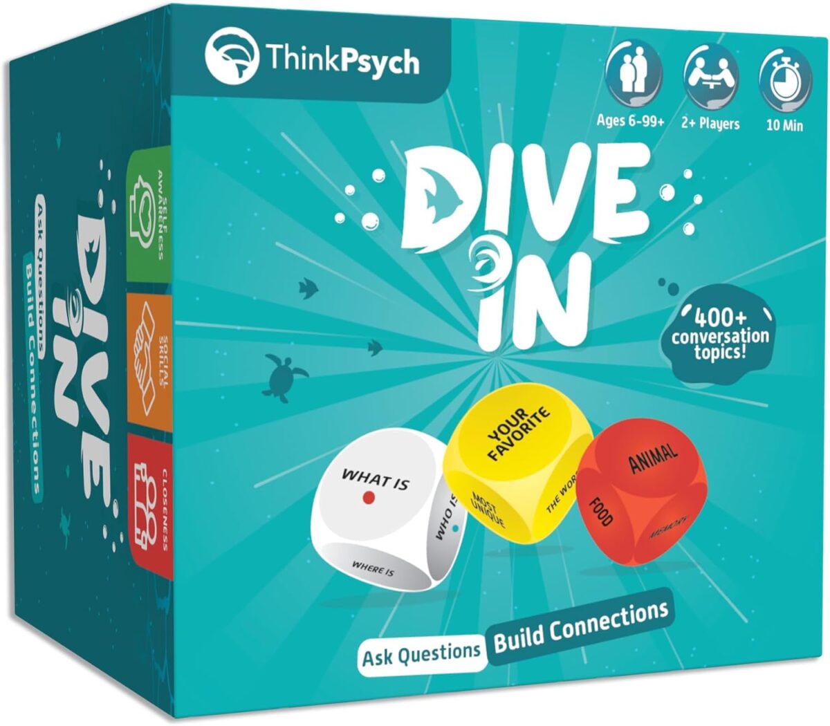 ThinkPsych Dive in - SEL Conversation Dice Game with 400+ Topics | Therapy Games for Kids & Teens | Social Emotional Learning for Home & School | Play Therapy & Counseling Toys | Ages 6-99 - Image 1