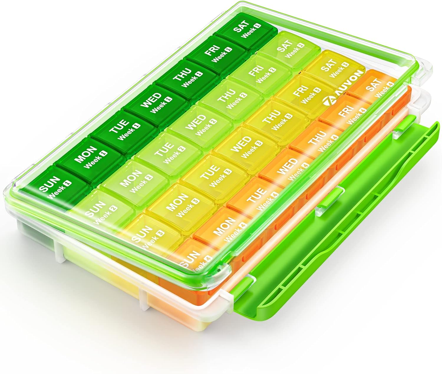 71QisHJ0UOL._AC_SL1500_.jpg AUVON Monthly Pill Organizer Moistureproof, Large 28 Days Pill Case with Removable 4 Weeks Pill Box Rows, Travel-Friendly Pill Container for Fish Oils, Vitamins, Supplements and Medications - Image 1