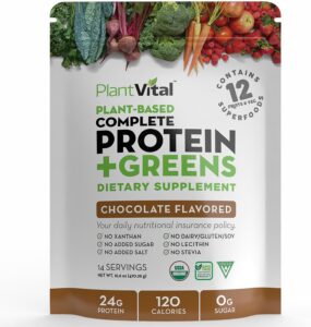 PlantVital Vegan Protein Powder Plant Based, Organic Protein Powder Chocolate, 24g/0g sugar, 12 Superfoods, Veggies, Probiotics, Raw Cocoa, Kale, Beets, Spirulina, Pea, Gluten-Free, Keto-Friendly,16oz