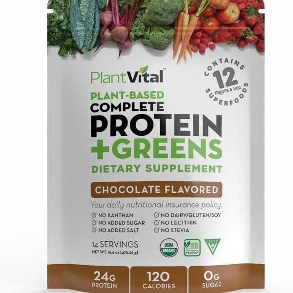 PlantVital Vegan Protein Powder Plant Based, Organic Protein Powder Chocolate, 24g/0g sugar, 12 Superfoods, Veggies, Probiotics, Raw Cocoa, Kale, Beets, Spirulina, Pea, Gluten-Free, Keto-Friendly,16oz