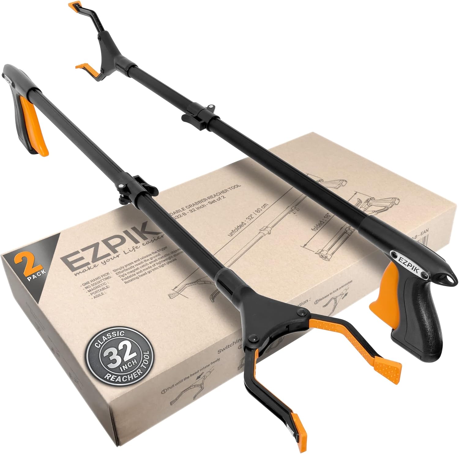 71TcaoqXTAL._AC_SL1500_.jpg EZPIK Classic 32" Flexible Folding Grabber Tool for Elderly + Magnets, Reacher for Disabled & Seniors Heavy Duty Rotating Grippers for Reaching Underneath, Trash Grabbers & Pickers for Mobility 2-Pack - Image 1