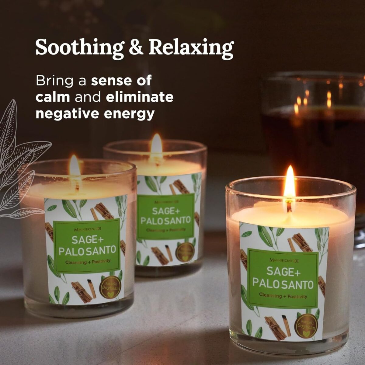 Magnificent 101 3 Long Lasting Pure Sage + Palo Santo Candles | 3.5 Oz Each - 42 Hour Burn | Natural, Organic Soy Candles for House Energy Cleansing & Manifestation Sage Smudge Kit Incense - Image 4