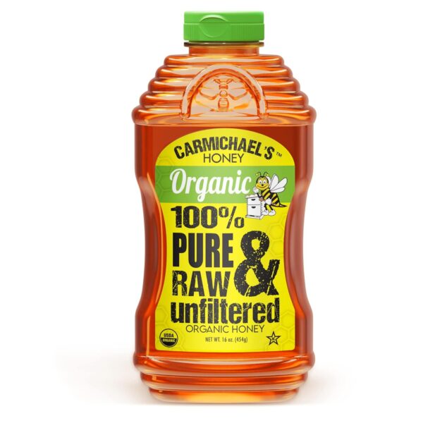 Carmichael’s Organic Honey - Premium Quality, USDA Certified Organic, Unpasteurized, Raw, & Unfiltered Honey - Non-GMO, 100% Pure & Natural Sweetener With No Additives or Traces Of Pesticides (16 oz)