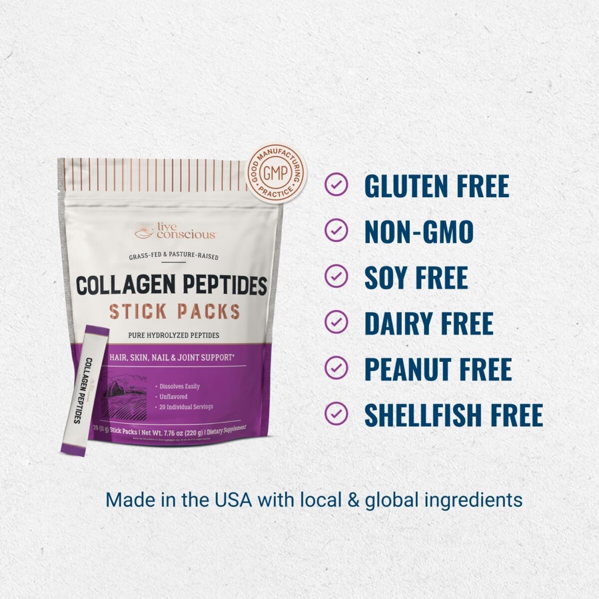 Live Conscious Collagen Peptides Powder Unflavored Packets-Hydrolyzed Collagen Powder-Hair, Skin, Nail, & Joint Support-Type I & III Grass-Fed Collagen Supplements for Women and Men - Pack of 20 (2Pk) - Image 6