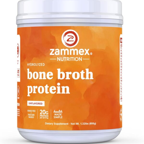 Zammex Pure Grass Fed Beef Bone Broth Protein Powder,20g Protein, Hydrolyzed Collagen Supplement for Healthy Skin,Nails,Hair,Joints, Non-GMO,Gluten Free,Paleo & Keto Friendly, Great in Soup