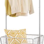 Tajsoon Laundry Cart with Hanging Rack, Metal Rolling Laundry Cart with Wheels and Storage Basket, Silver