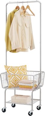 Tajsoon Laundry Cart with Hanging Rack, Metal Rolling Laundry Cart with Wheels and Storage Basket, Silver