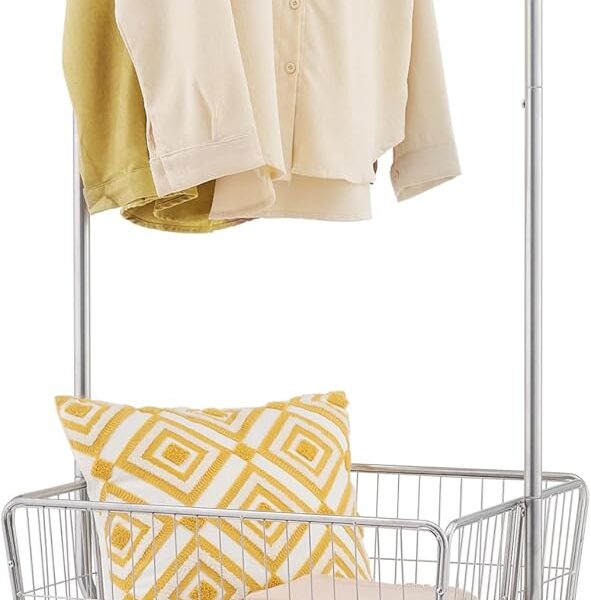 Tajsoon Laundry Cart with Hanging Rack, Metal Rolling Laundry Cart with Wheels and Storage Basket, Silver