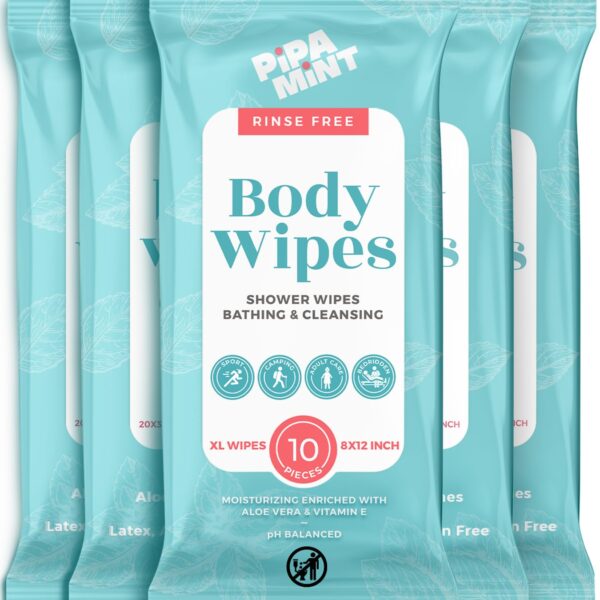 Body Wipes (5 Packs) 50 XL Shower Wipes Body Wipes for Adults Bathing, Traveling, Camping, Gym, Car, Elderly, Bedridden - Bath Wipes - Disposable Washcloths for Adults No Rinse
