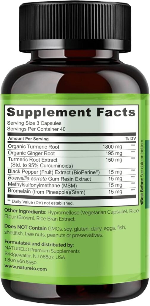 NATURELO Turmeric Curcumin - BioPerine for Better Absorption - Black Pepper, Ginger Root, Curcuminoids - Plant-Based Joint Discomfort Support - 120 Vegan Capsules - Image 3