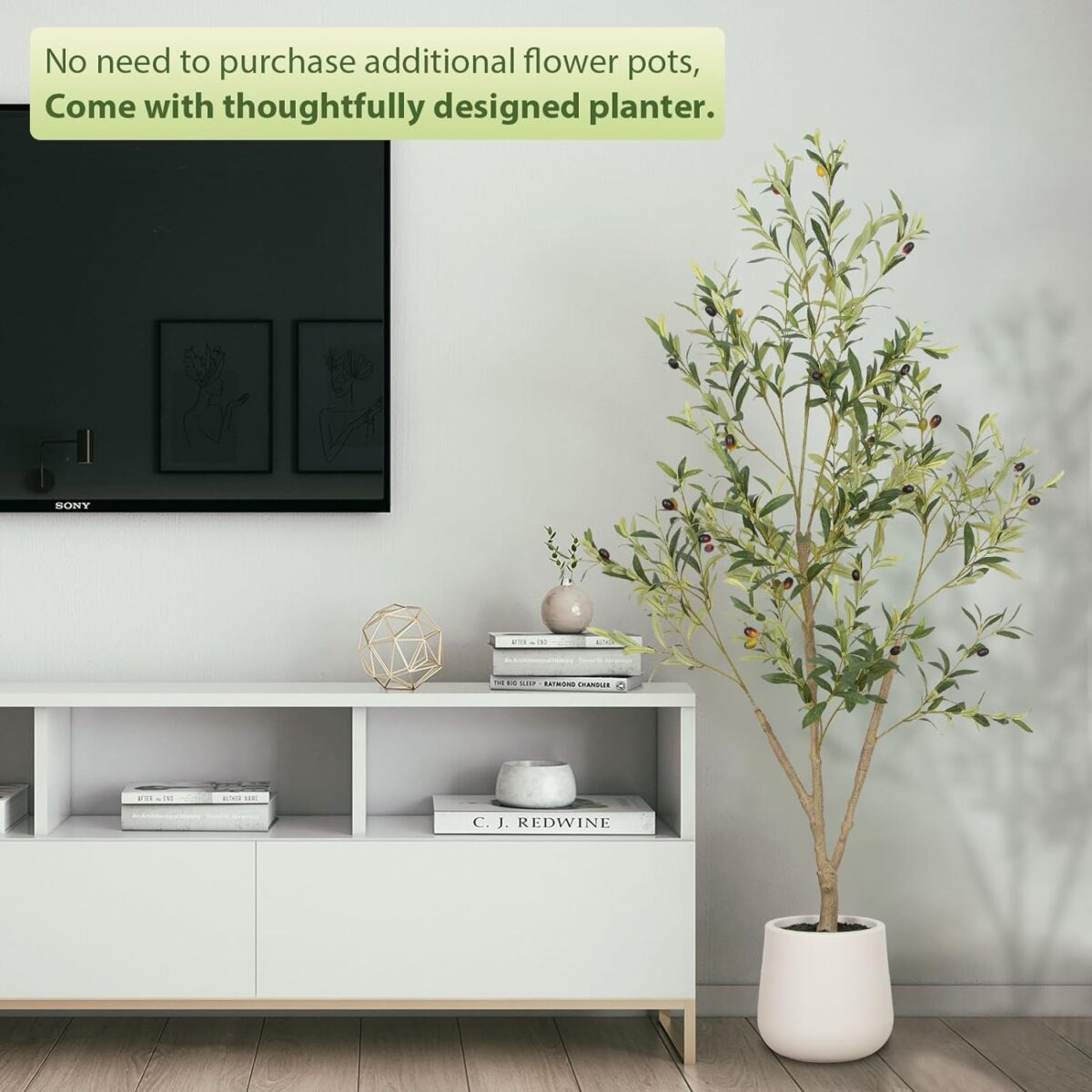 Olive Trees Artificial Indoor, 5FT Tall Faux Olive Tree with White Tall Planter, Artificial Plants with Natural Wood Trunk and Lifelike Fruits for Home Office Decor - Image 3