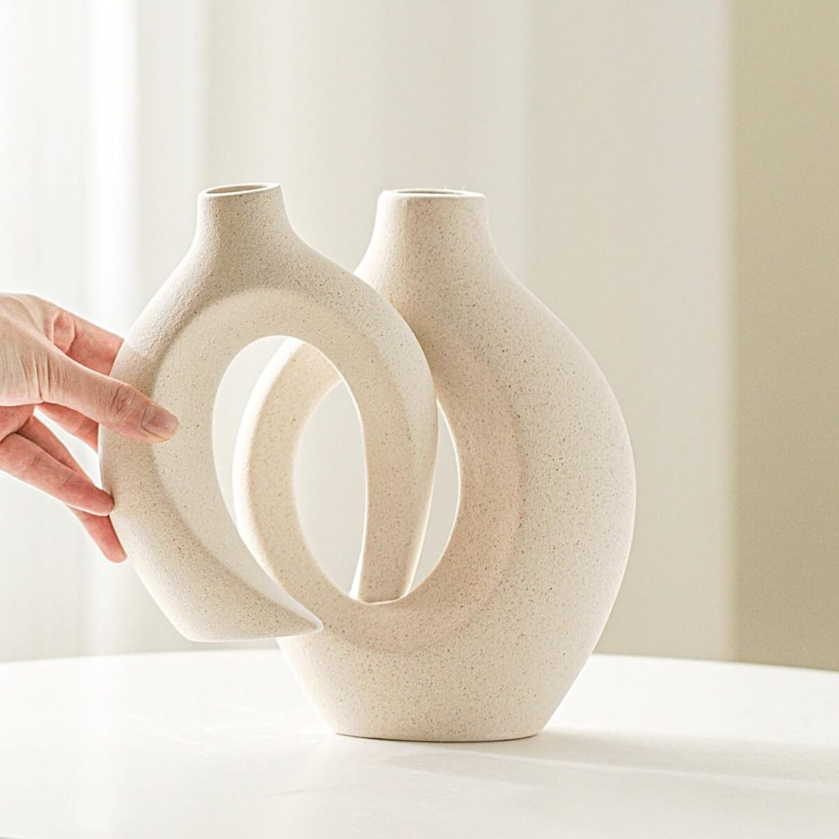 Snuggle Hollow Ceramic Vase Set of 2, Nordic Modern Boho ins Style Decorative Ceramic Aesthetic Flower Vase for Home Decor (Milky White W 6.3" X H 8.4") - Image 2