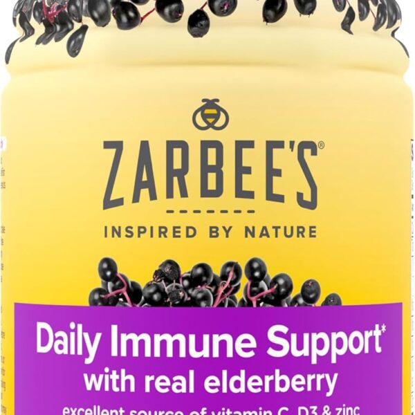 Zarbee's Elderberry Gummy Daily Immune Support Supplement with Vitamins A, C, D, E & Zinc, Black Elderberry Fruit Extract, Natural Berry Flavor, 60 Count