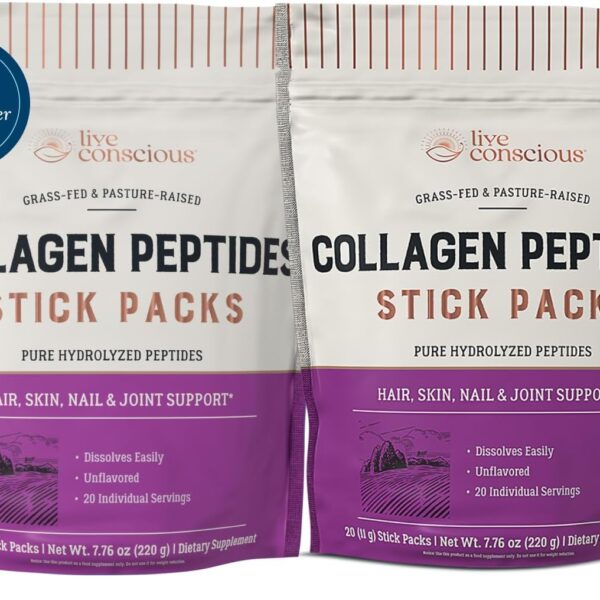 Live Conscious Collagen Peptides Powder Unflavored Packets-Hydrolyzed Collagen Powder-Hair, Skin, Nail, & Joint Support-Type I & III Grass-Fed Collagen Supplements for Women and Men - Pack of 20 (2Pk)