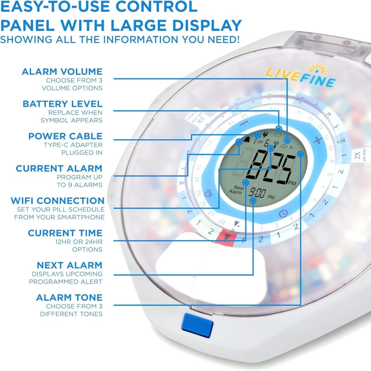 LiveFine WiFi Automatic Pill Dispenser and Remote Medication Monitoring System with Locking Key, 28-Day Medication Organizer Up To 9 Doses Per, Adjustable Light/Sound Alarms For Prescriptions & Vitami - Image 4