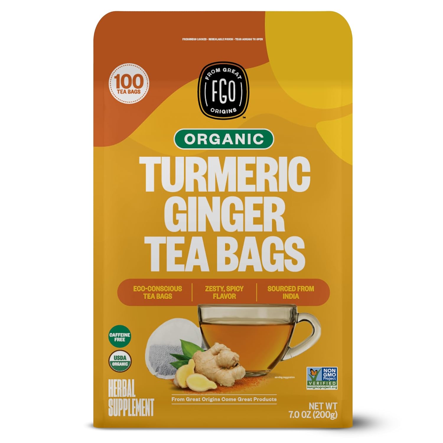 71XFHmd9eL._SL1500_.jpg FGO Organic Turmeric Ginger Tea, Eco-Conscious Tea Bags, 100 Count, Packaging May Vary (Pack of 1) - Image 1