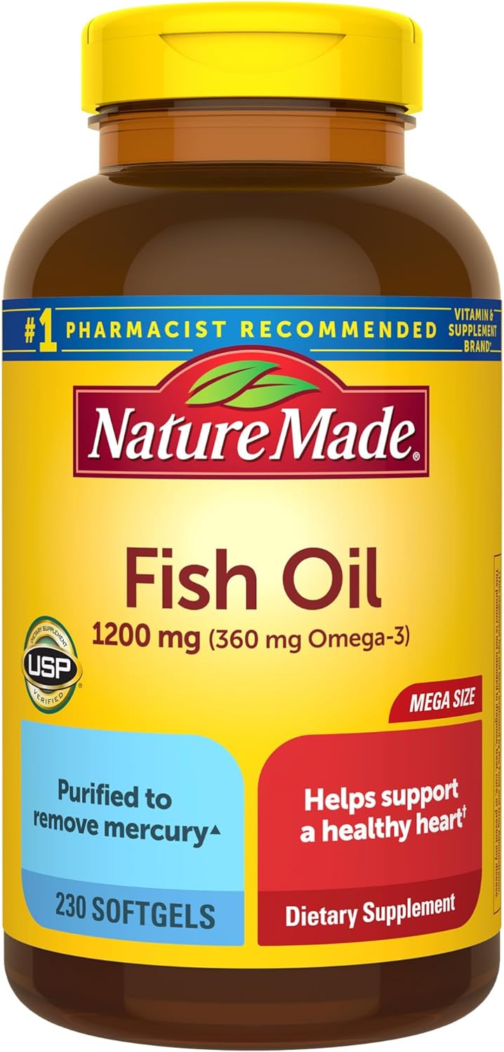71XHz77JJIL._AC_SL1500_.jpg Nature Made Fish Oil 1200 mg Softgels, Fish Oil Supplements, Omega 3 Fish Oil for Healthy Heart Support, Omega 3 Supplement with 230 Softgels, 115 Day Supply - Image 1