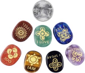 mookaitedecor 7 Piece Chakra Stones Engraved English Symbols Polished Palm Stones for Reiki Crystal Healing - Image 2