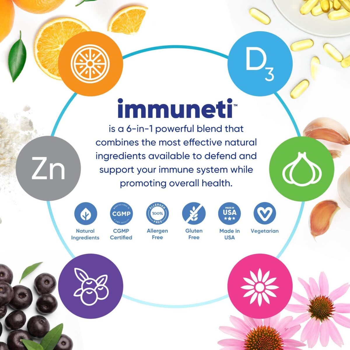 Immuneti - Advanced Immune Defense, 6-in-1 Powerful Blend of Vitamin C, Vitamin D3, Zinc, Elderberries, Garlic Bulb, Echinacea - Supports Overall Health, Provides Vital Nutrients & Antioxidants - Image 2