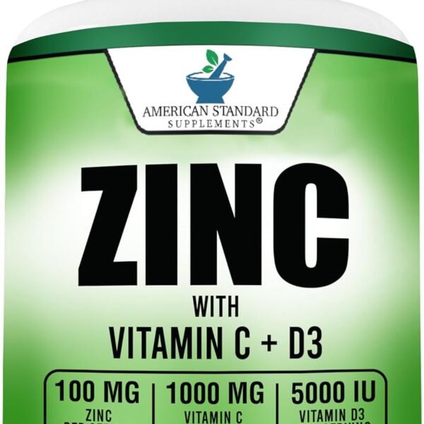 American Standard Supplements Zinc 100mg, Vitamin C 1000mg, and Vitamin D3 5000 IU (125mcg) Per Serving - Gluten Free, Non-GMO, 120 Capsules, 60 Servings
