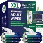 Adult Wipes For Elderly - 8"x13" 240ct (4 Packs of 60) Huge & Soft Non-Flushable Body Wipes for Adults Bathing No-Rinse - Incontinence Disposable Washcloths, Vitamin E & Aloe Infused Shower Wipes.