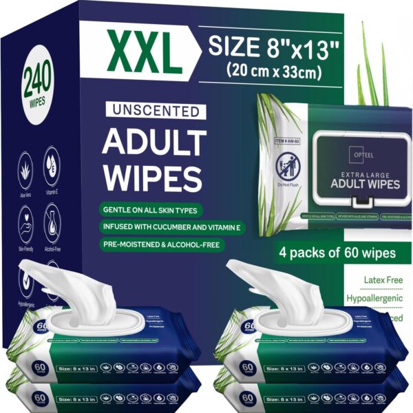 Adult Wipes For Elderly - 8"x13" 240ct (4 Packs of 60) Huge & Soft Non-Flushable Body Wipes for Adults Bathing No-Rinse - Incontinence Disposable Washcloths, Vitamin E & Aloe Infused Shower Wipes.