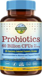 Terranics Probiotics 60 Billion CFU, 20 Strains, 60 Veg Capsules, Prebiotics & Probiotics, Shelf Stable Probiotic Supplement for Men & Women, Digestive & Immune Health, Non-GMO, NO Soy, Dairy & Gluten