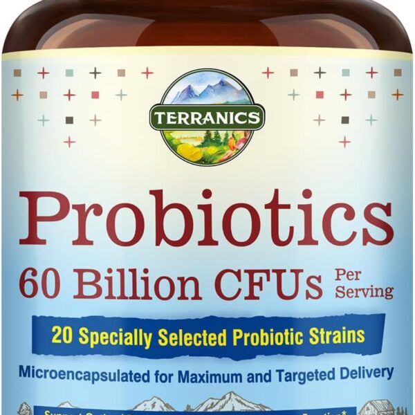 Terranics Probiotics 60 Billion CFU, 20 Strains, 60 Veg Capsules, Prebiotics & Probiotics, Shelf Stable Probiotic Supplement for Men & Women, Digestive & Immune Health, Non-GMO, NO Soy, Dairy & Gluten