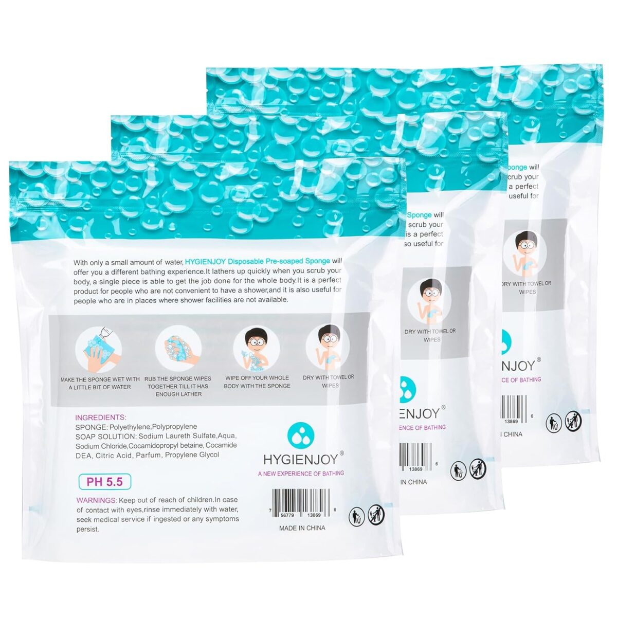 Skin Cleaning Wipe (75 Counts, 3 Packs) - Rinse Free Bathing Sponge for Adults, Extra Thick, No Residue, Hypoallergenic, Convenient for Elderly, Injured, Campers, Hikers - Image 2