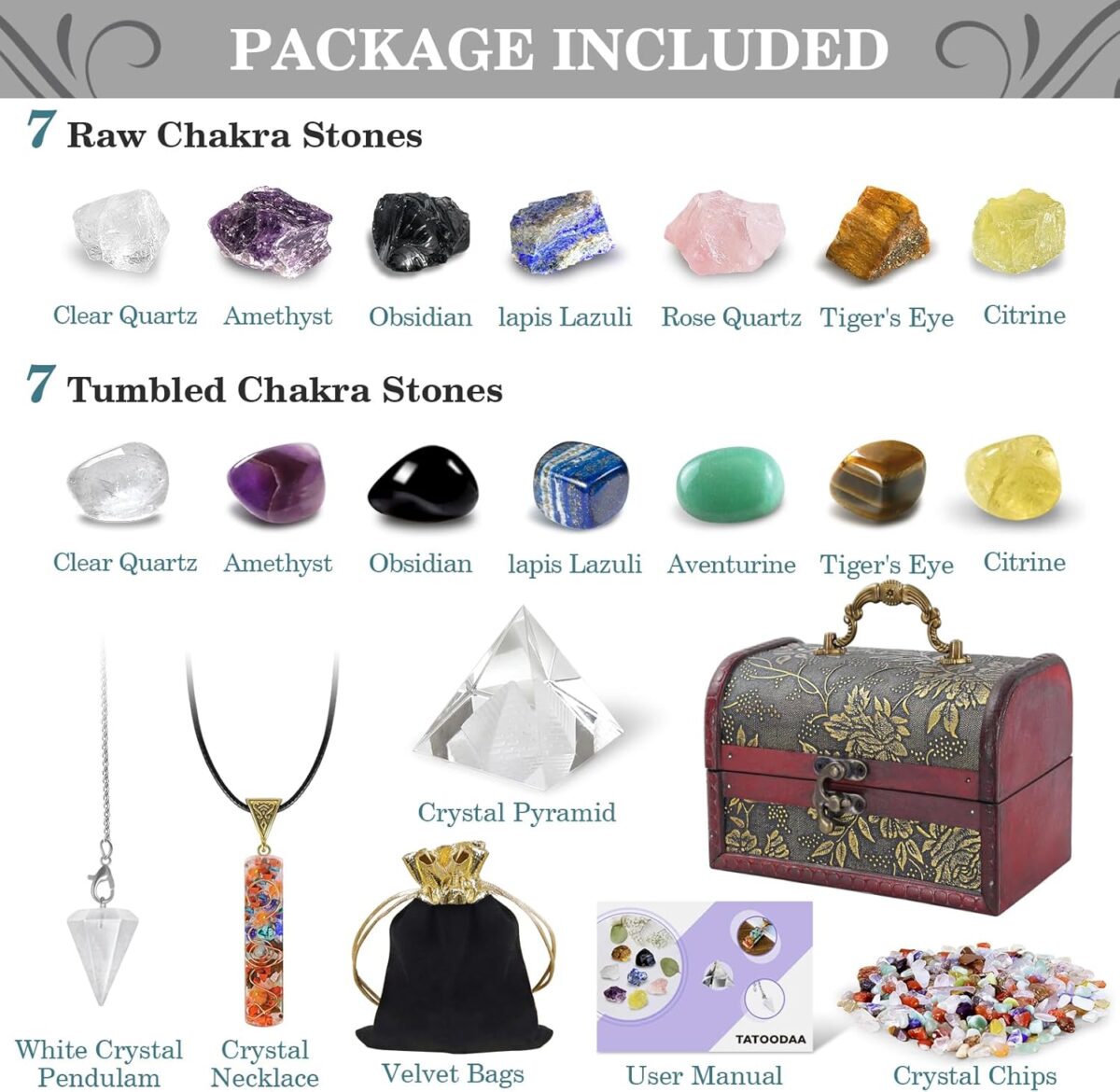 Crystals and Healing Stones, 21 Pcs Healing Crystals Set, 7 Chakra Crystal Stones Set Real Natural Raw Selenite Pyramid Reiki Energy Meditation Chakra Kit with Wooden Box, Crystal Gifts Set for Women - Image 3