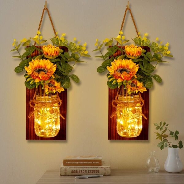 AerWo Sunflower Mason Jar Sconces Wall Decor Set of 2, Upgraded Hanging Sunflower Wall Decor with Remote LED Fairy Lights Rustic Wall Sconces for Farmhouse Kitchen Decorations Wall Home Decor