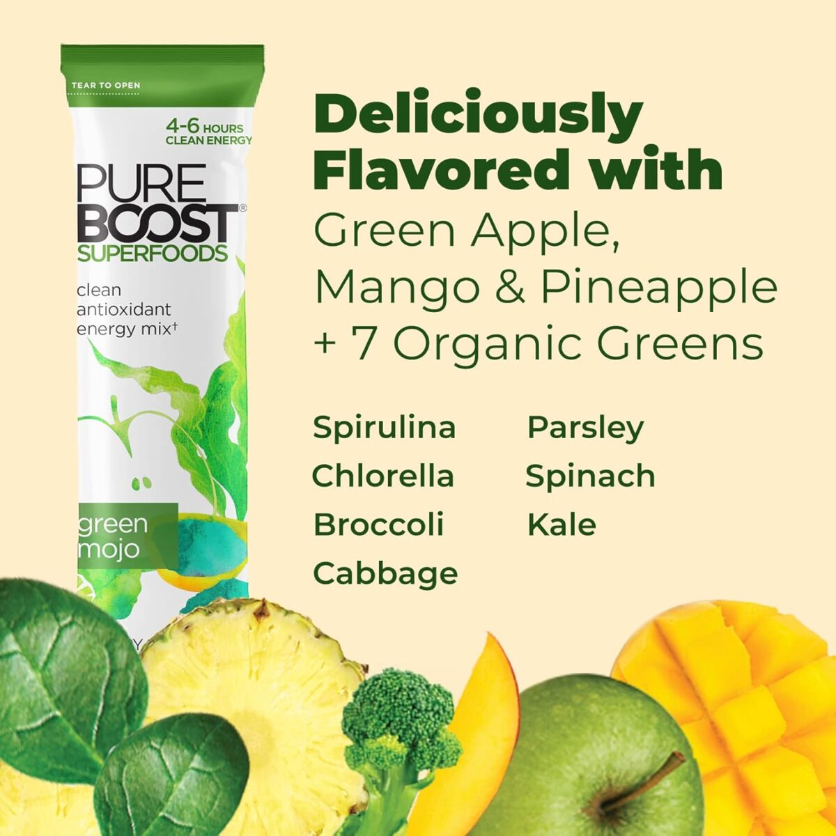 Pureboost Superfoods Clean Energy Booster, Energy Drink Mix Powder with 7 Organic Green Superfoods; Spirulina, Kale, Broccoli and Vitamins, Green Apple, Pineapple, Mango (Green Mojo, 30 Count) - Image 4
